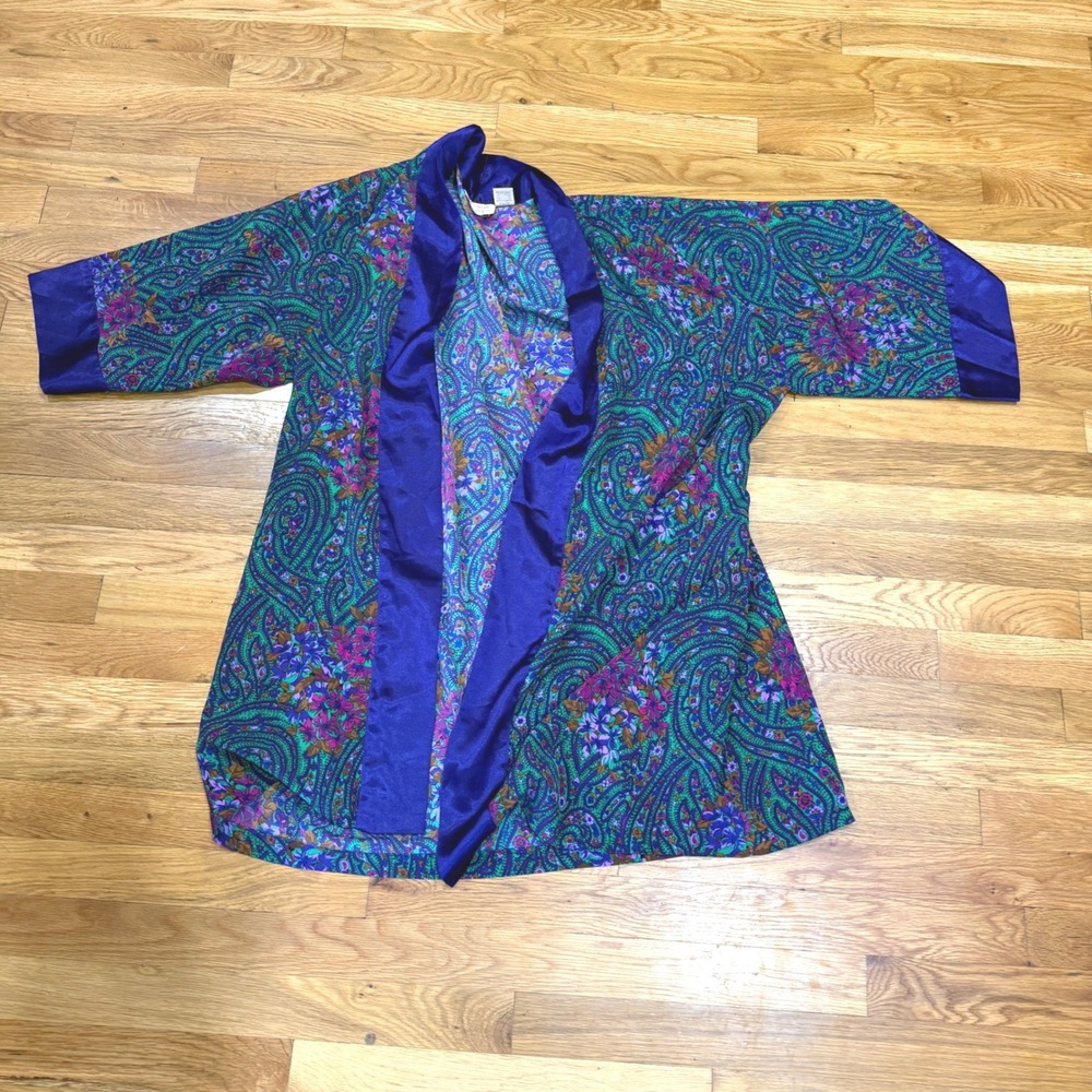 Vintage Victorias Secret Gold Label Paisley Floral Kimono Robe Purple OSFA